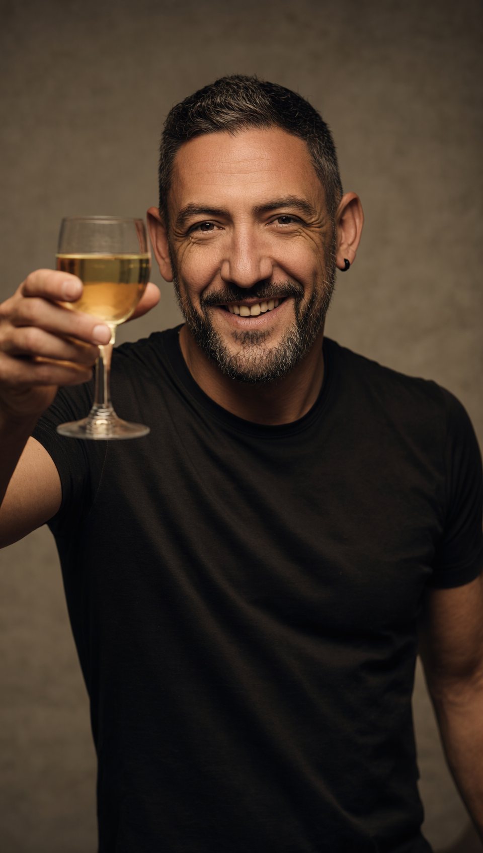 Ritratto di Armando Russo che alza un calice di vino bianco
